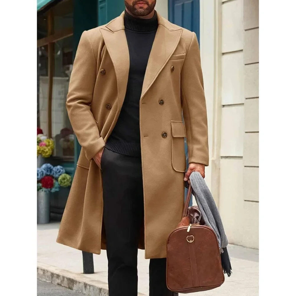 Men's Khaki Wool Blend Casual Trench Coat Notched Collar Lapel Breasted Coat